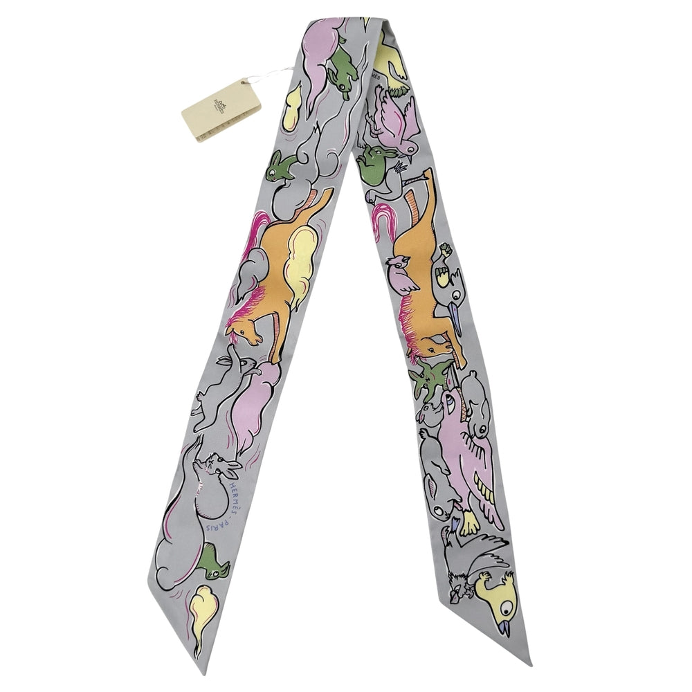 HERMES エルメス スカーフ ツイリー Mille et Un Lapins 千と一のウサギ Twilly ファッションアイテム シルク ブルー 青 マルチカラー レディース【中古品】
