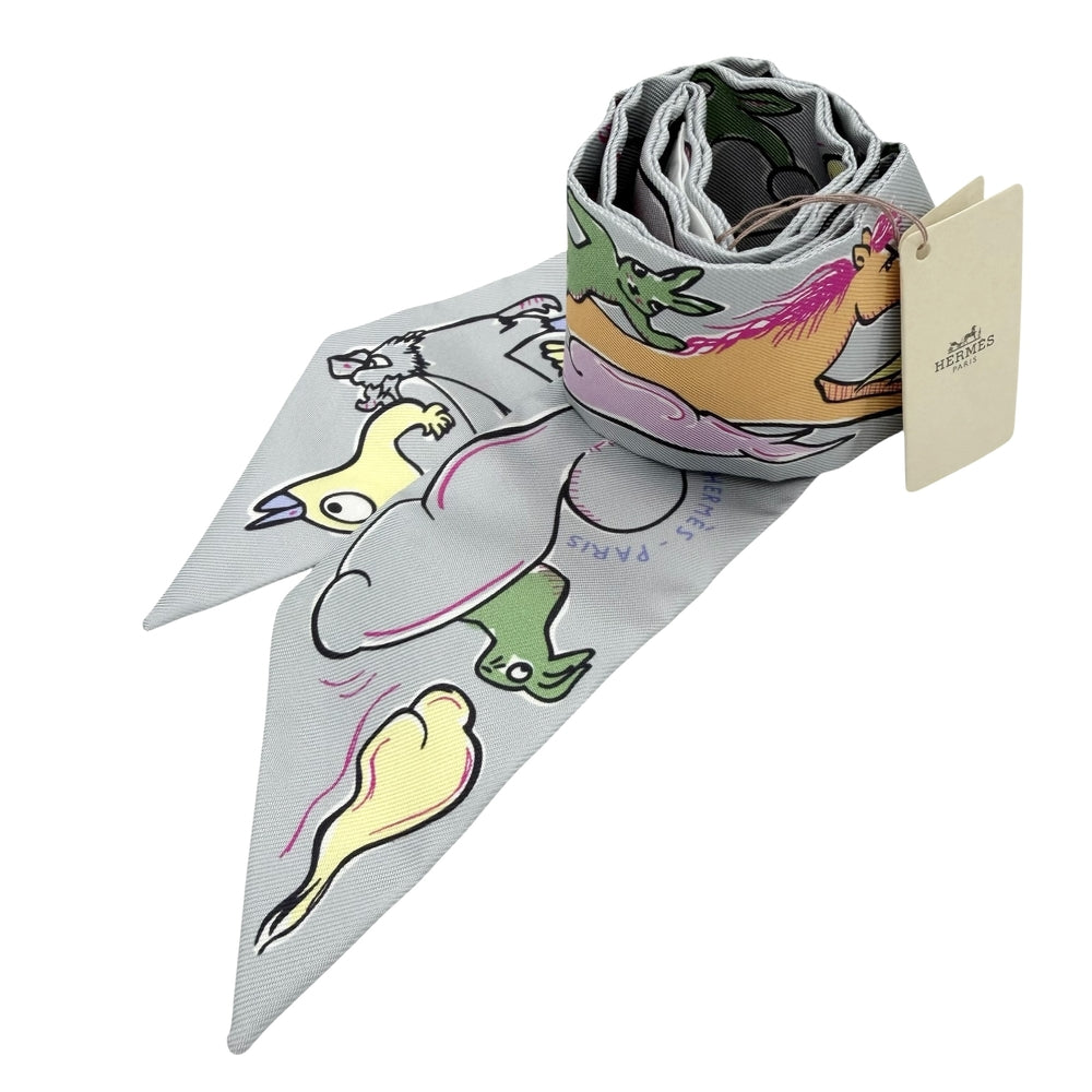 HERMES エルメス スカーフ ツイリー Mille et Un Lapins 千と一のウサギ Twilly ファッションアイテム シルク ブルー 青 マルチカラー レディース【中古品】