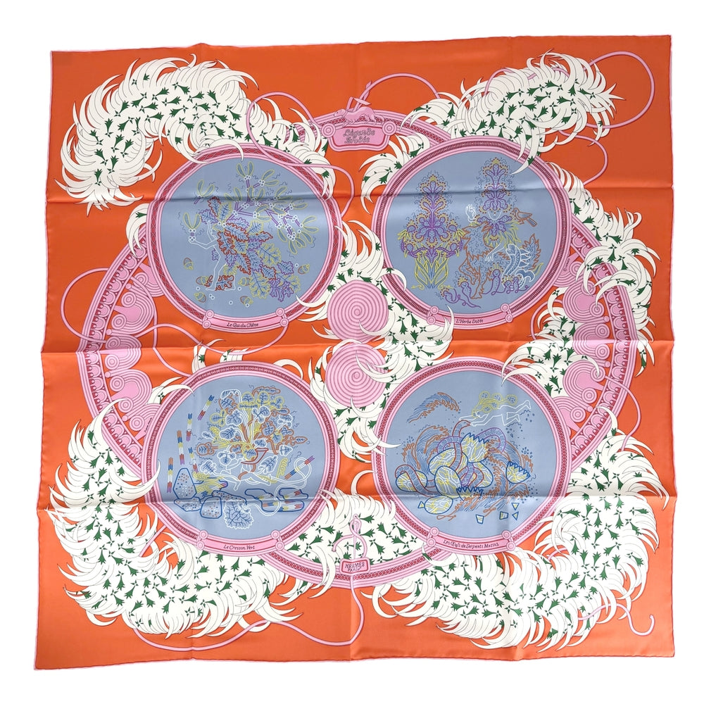HERMES エルメス スカーフ カレ90 刺繍が織りなす伝説 ファッションアイテム LEGENDE BRODEE シルク オレンジ マルチカラー レディース【中古品】