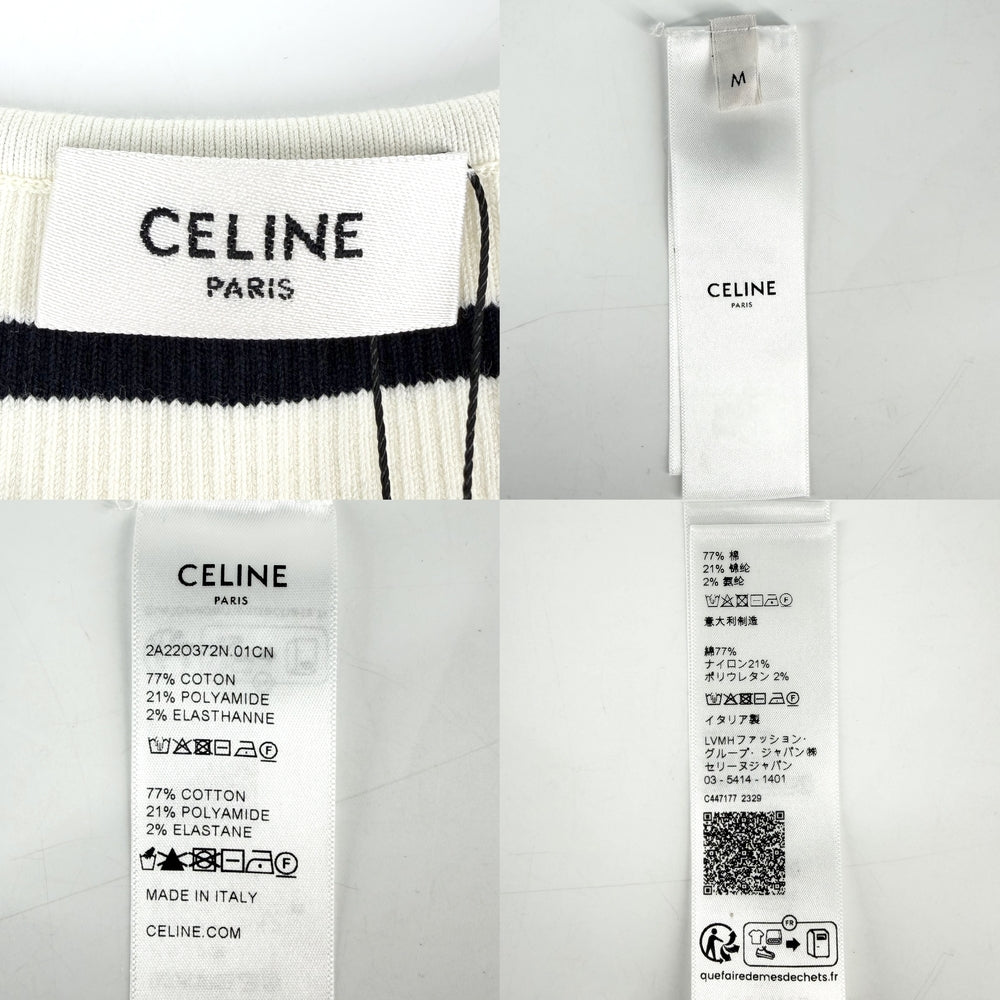 CELINE セリーヌ タンクトップ ロゴ ボーダー トップス ノースリーブ アパレル 服 M アイボリー ブラック 黒 コットン ナイロン ポリウレタン レディース【中古品】