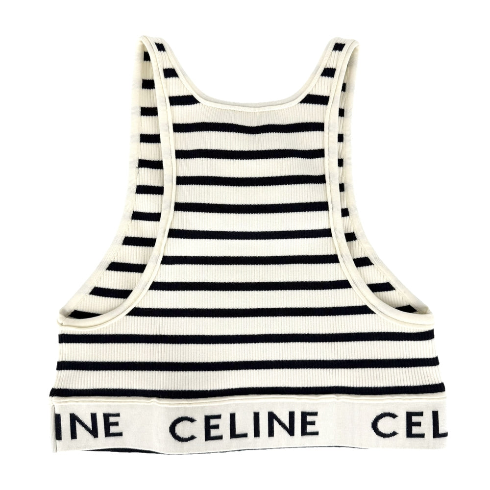 CELINE セリーヌ タンクトップ ロゴ ボーダー トップス ノースリーブ アパレル 服 M アイボリー ブラック 黒 コットン ナイロン ポリウレタン レディース【中古品】