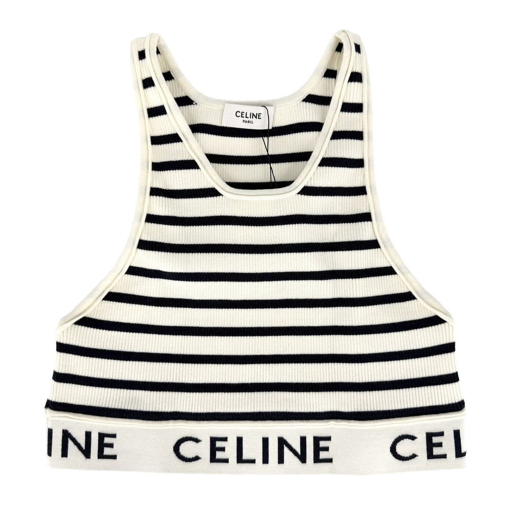 CELINE セリーヌ タンクトップ ロゴ ボーダー トップス ノースリーブ アパレル 服 M アイボリー ブラック 黒 コットン ナイロン ポリウレタン レディース【中古品】