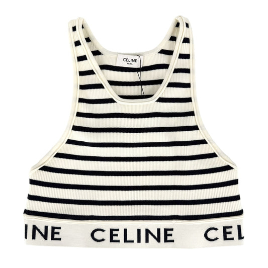 CELINE セリーヌ タンクトップ ロゴ ボーダー トップス ノースリーブ アパレル 服 M アイボリー ブラック 黒 コットン ナイロン ポリウレタン レディース【中古品】