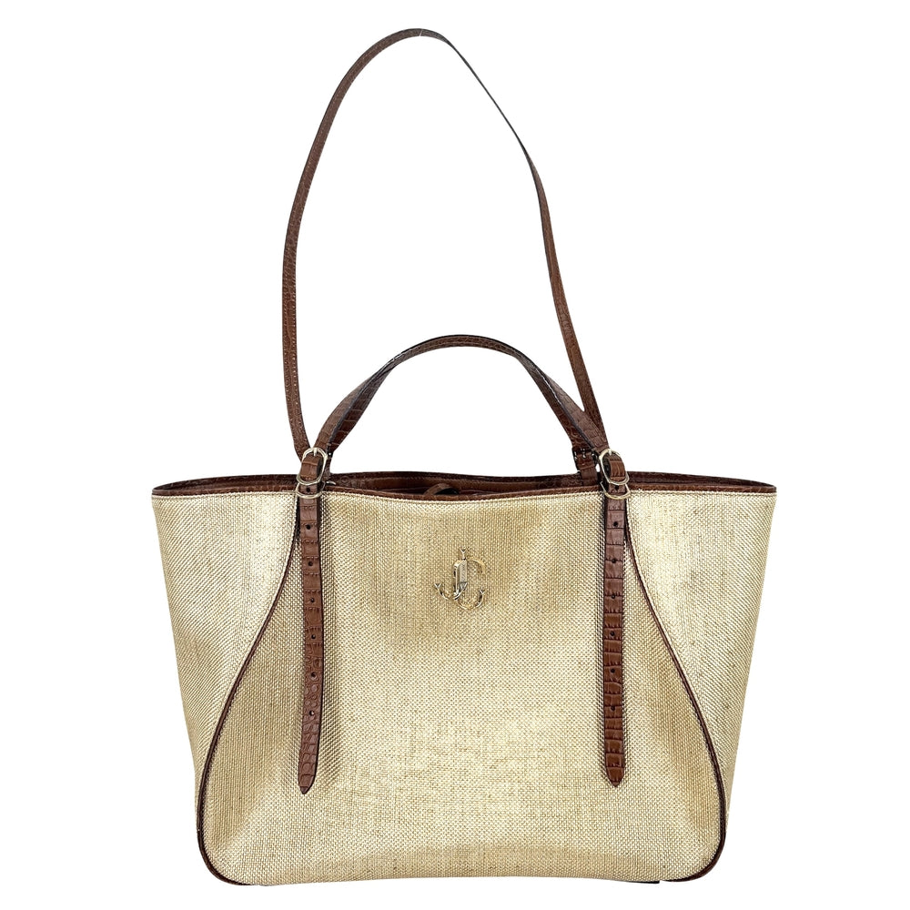 JIMMY CHOO ジミーチュウ 2WAY JCロゴ ショルダーバッグ トートバッグ クロコ型押し キャンバス レザー ベージュ ブラウン 茶 ゴールド金具 レディース【中古品】