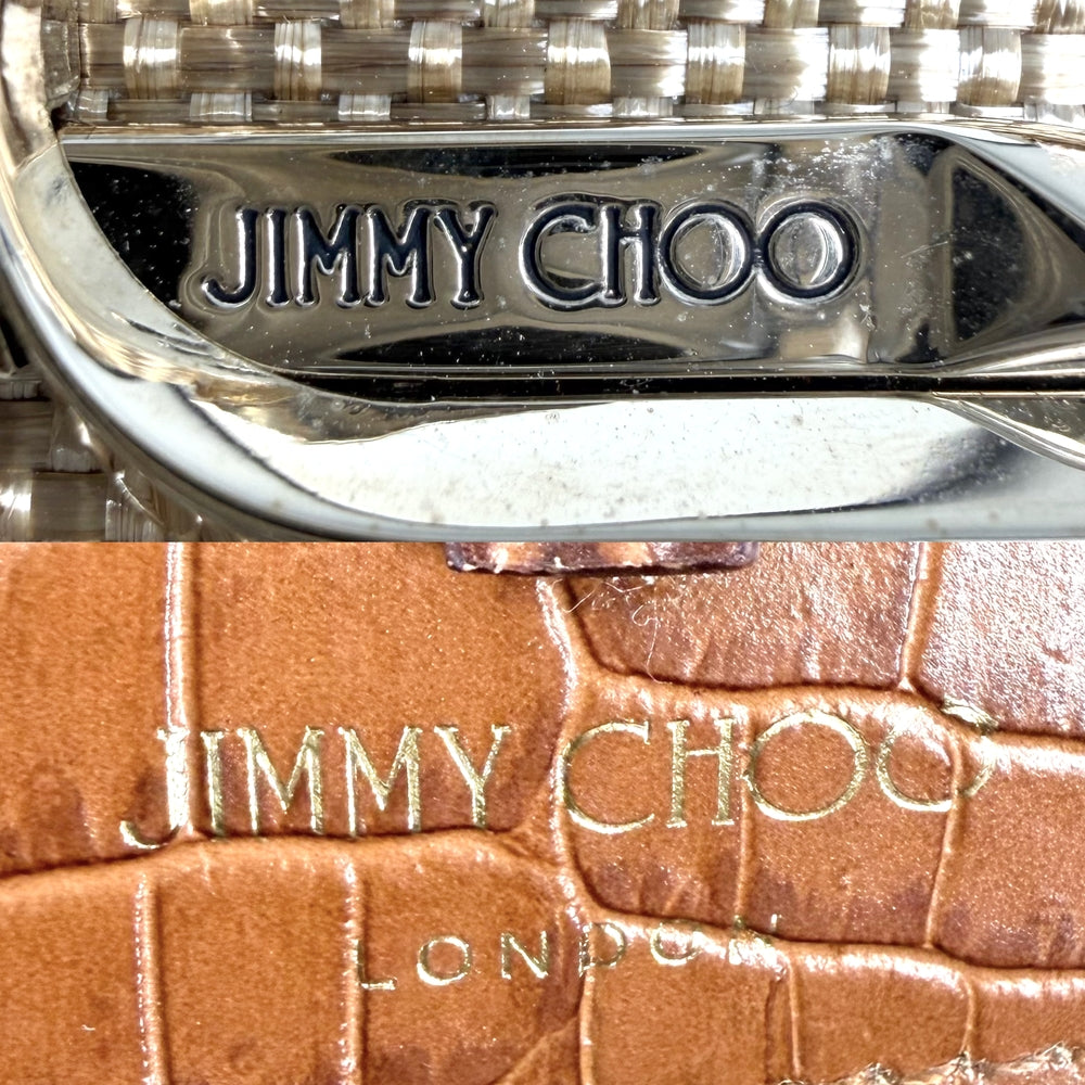 JIMMY CHOO ジミーチュウ 2WAY JCロゴ ショルダーバッグ トートバッグ クロコ型押し キャンバス レザー ベージュ ブラウン 茶 ゴールド金具 レディース【中古品】