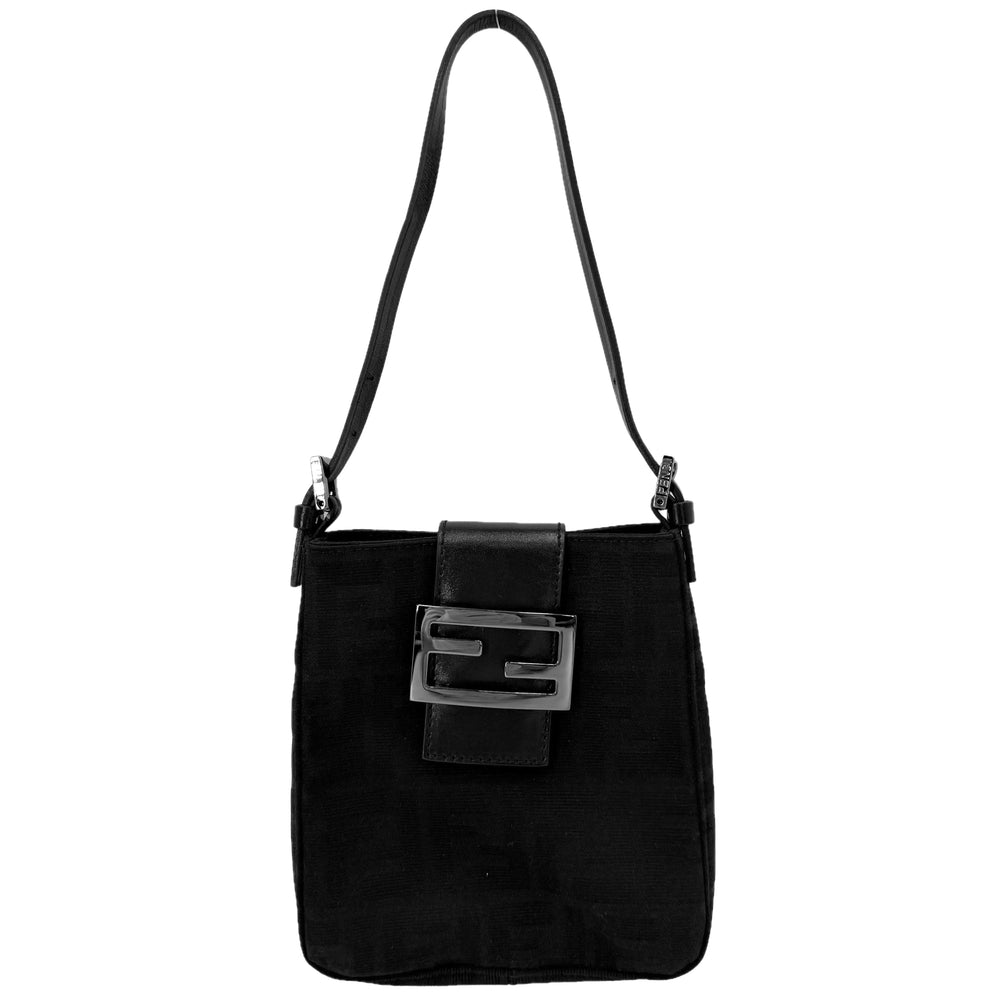 FENDI フェンディ ハンドバッグ ズッカ ミニポーチ 小さめ かばん 鞄 キャンバス レザー ブラック 黒 シルバー金具 レディース【中古品】