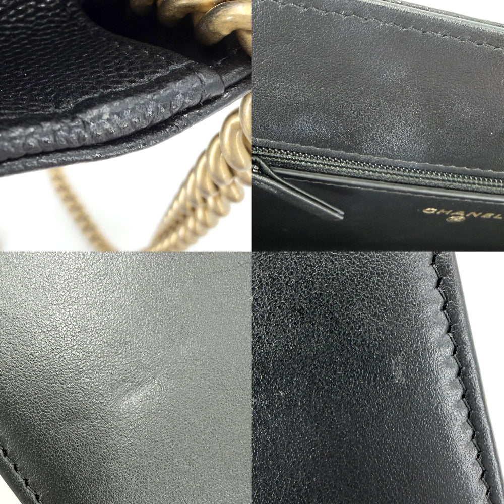 CHANEL シャネル チェーンウォレット マトラッセ ボーイシャネル ショルダーウォレット 財布 キャビアスキン ブラック 黒 マットゴールド金具 レディース【中古品】