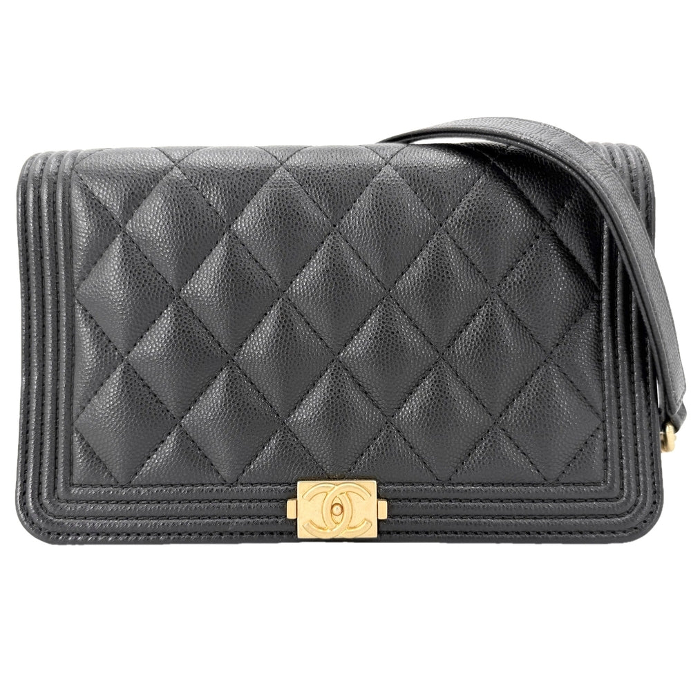 CHANEL シャネル チェーンウォレット マトラッセ ボーイシャネル ショルダーウォレット 財布 キャビアスキン ブラック 黒 マットゴールド金具 レディース【中古品】