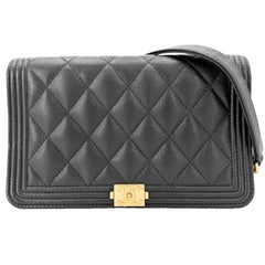 CHANEL シャネル チェーンウォレット マトラッセ ボーイシャネル ショルダーウォレット 財布 キャビアスキン ブラック 黒 マットゴールド金具 レディース【中古品】