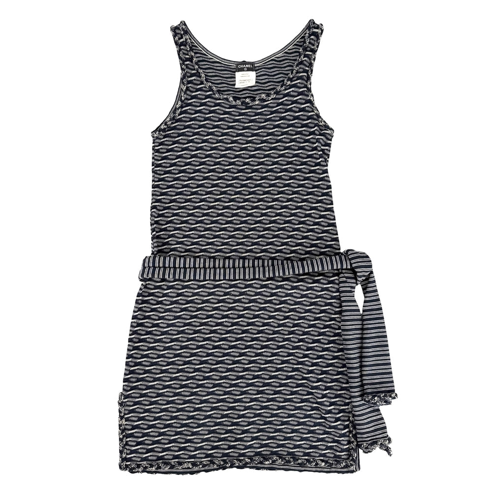 CHANEL シャネル ワンピース ノースリーブ チュニック ココマーク アパレル 服 34 ネイビー 紺 ホワイト 白 春 夏 レーヨン コットン ポリエステル ナイロン レディース【中古品】