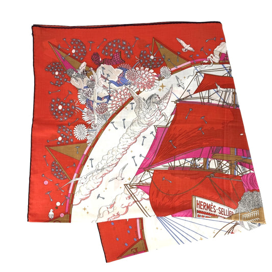 HERMES エルメス スカーフ カレ140 フラッグシップ カレジェアン ファッションアイテム H244091S カシミヤ シルク レッド 赤 ホワイト 白 レディース【中古品】