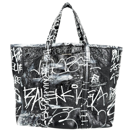 BALENCIAGA バレンシアガ 2WAY バルべス グラフィティ ハンドバッグ トートバッグ 671409 レザー ブラック 黒 ホワイト 白 シルバー金具 レディース【中古品】
