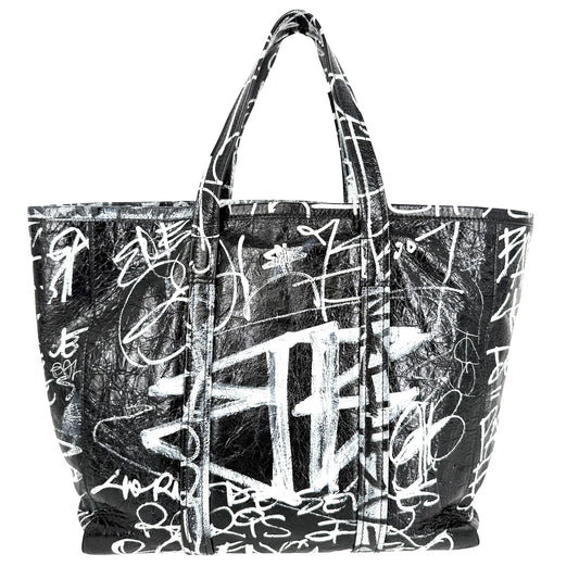 BALENCIAGA バレンシアガ 2WAY バルべス グラフィティ ハンドバッグ トートバッグ 671409 レザー ブラック 黒 ホワイト 白 シルバー金具 レディース【中古品】