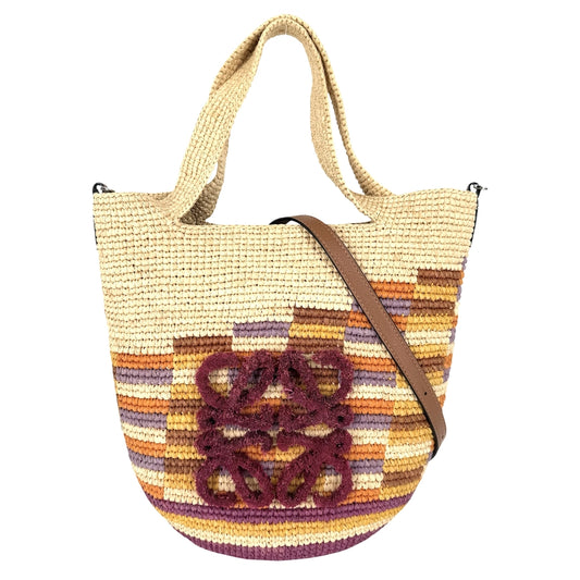 LOEWE ロエベ 2WAY スリットバッグミニ ハンドバッグ ショルダーバッグ アナグラム ラフィア カーフレザー ベージュ マルチカラー シルバー金具 レディース【中古品】