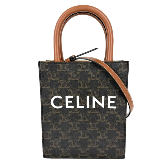 CELINE セリーヌ 2WAY トリオンフ ミニ バーティカルカバ ショルダーバッグ ハンドバッグ PVCコーティングキャンバス レザー ブラウン 茶 ゴールド金具 レディース【中古品】
