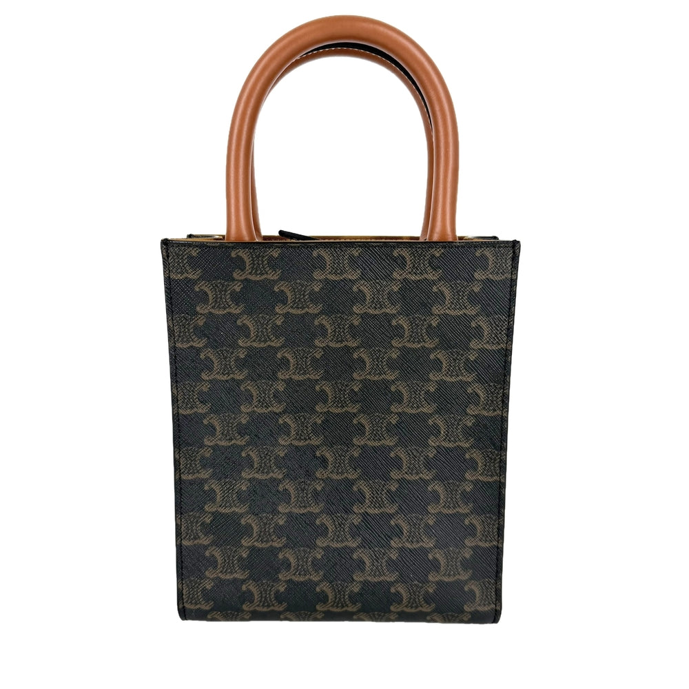 CELINE セリーヌ 2WAY トリオンフ ミニ バーティカルカバ ショルダーバッグ ハンドバッグ PVCコーティングキャンバス レザー ブラウン 茶 ゴールド金具 レディース【中古品】