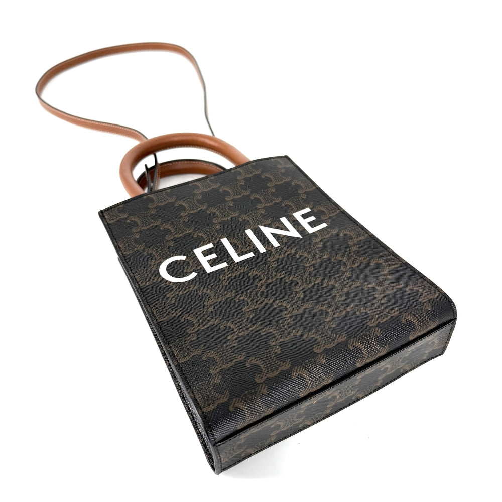 CELINE セリーヌ 2WAY トリオンフ ミニ バーティカルカバ ショルダーバッグ ハンドバッグ PVCコーティングキャンバス レザー ブラウン 茶 ゴールド金具 レディース【中古品】