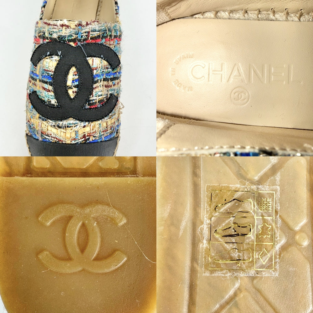 CHANEL シャネル スニーカー エスパドリーユ フラットシューズ ココマーク スリッポン 靴 42サイズ 約27cm G29762 ツイード マルチカラー ブラック 黒 レディース【中古品】