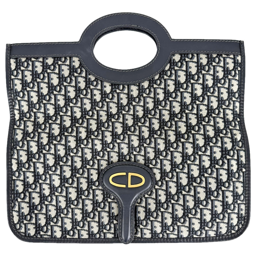 Christian Dior クリスチャンディオール 2WAY オブリーク クラッチバッグ ハンドバッグ キャンバス レザー ネイビー 紺 ゴールド金具 ユニセックス【中古品】
