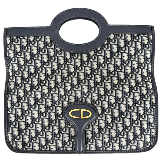 Christian Dior クリスチャンディオール 2WAY オブリーク クラッチバッグ ハンドバッグ キャンバス レザー ネイビー 紺 ゴールド金具 ユニセックス【中古品】