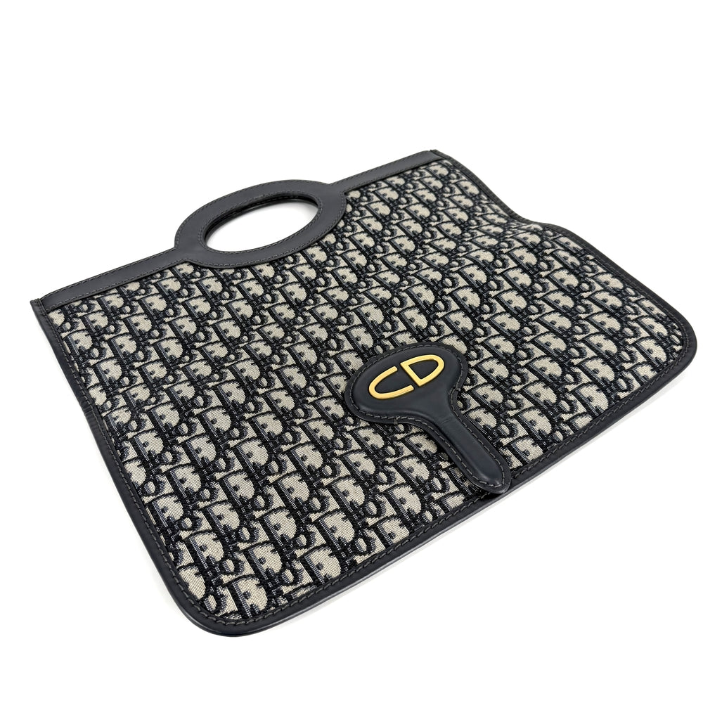 Christian Dior クリスチャンディオール 2WAY オブリーク クラッチバッグ ハンドバッグ キャンバス レザー ネイビー 紺 ゴールド金具 ユニセックス【中古品】