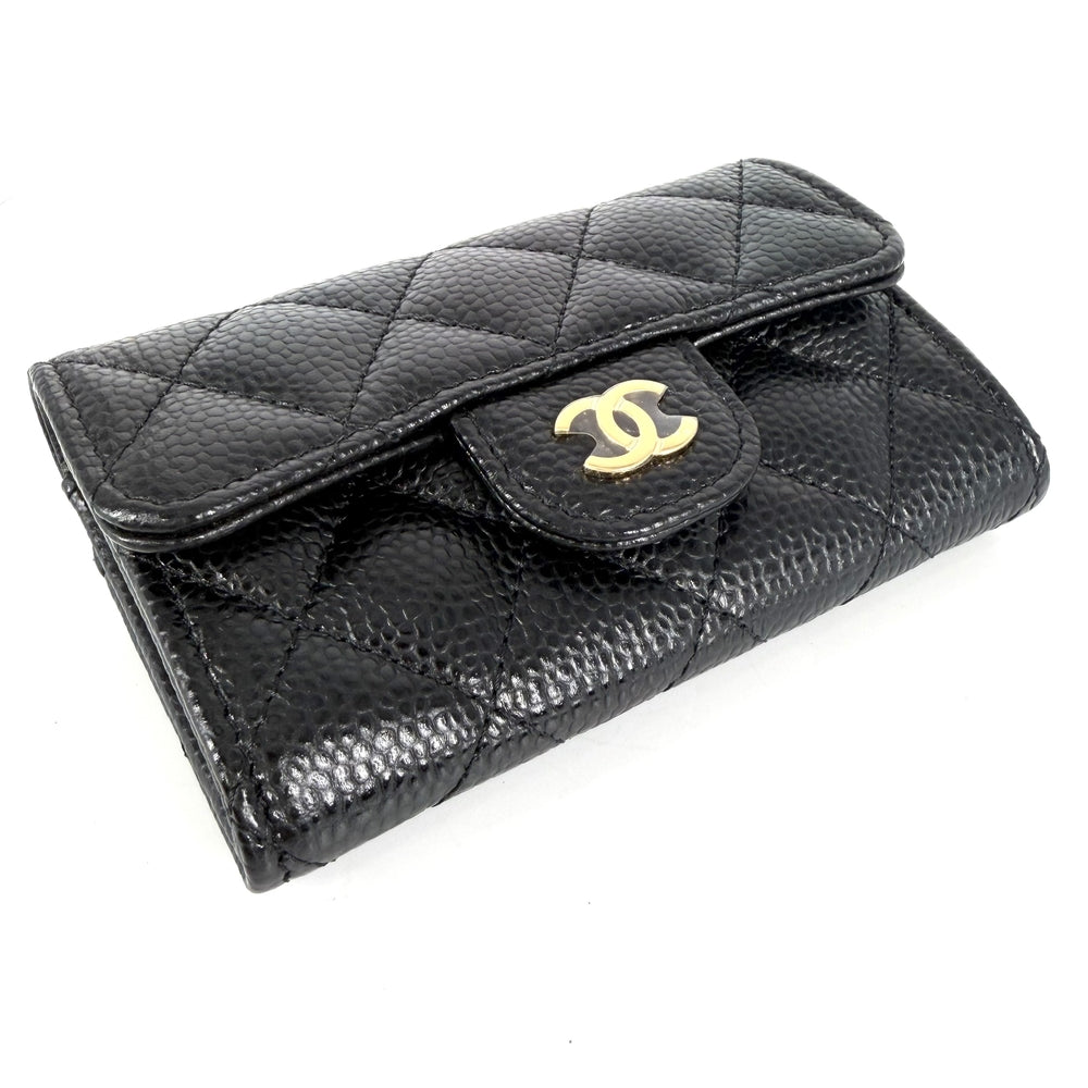 CHANEL シャネル コインケース マトラッセ クラシック フラップ カード ケース ミニ財布 キャビアスキン ブラック 黒 ゴールド金具 レディース【中古品】