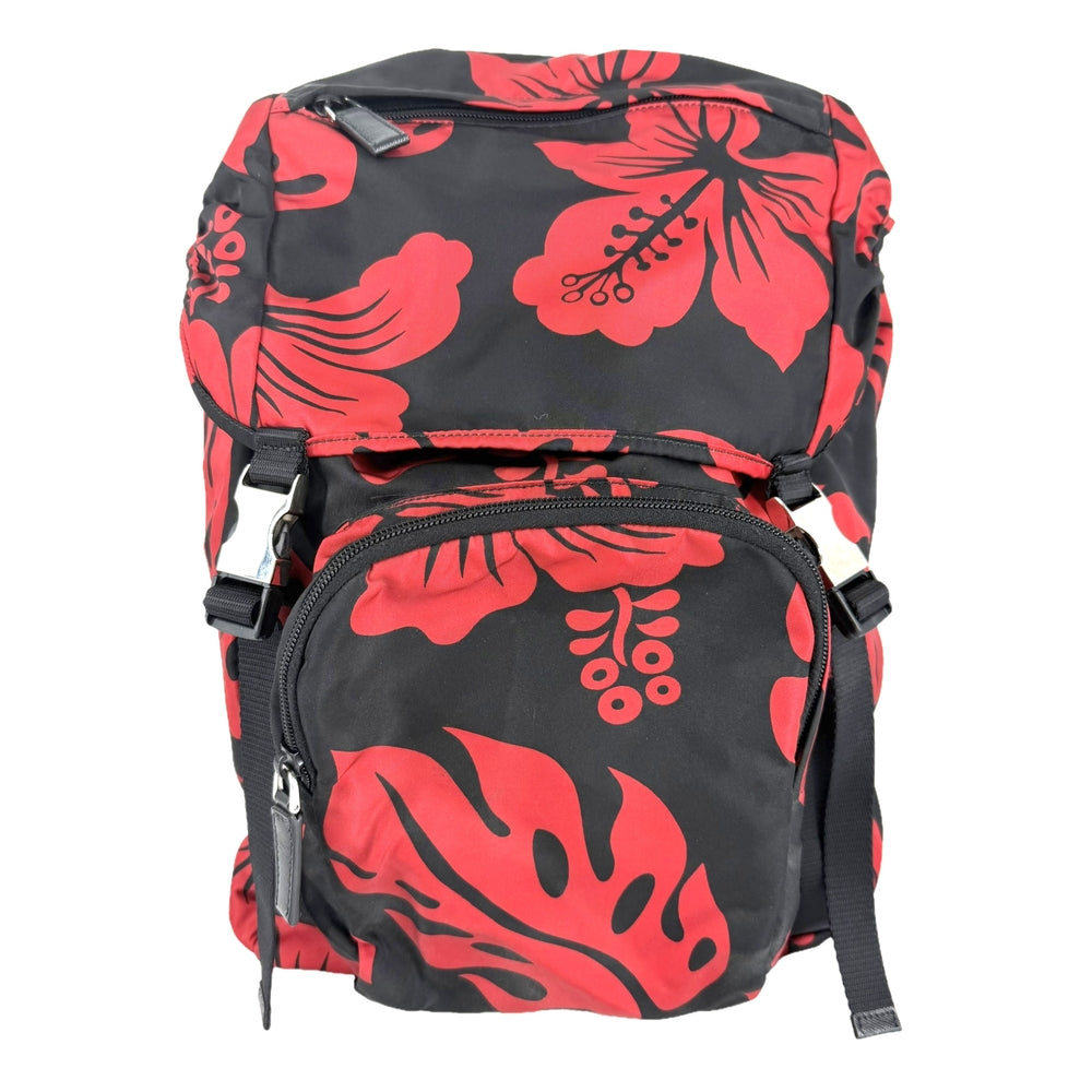 PRADA プラダ リュック トライアングルロゴ バックパック ハイビスカス V135 ナイロン レザー ブラック 黒 レッド 赤 シルバー金具 メンズ【中古品】
