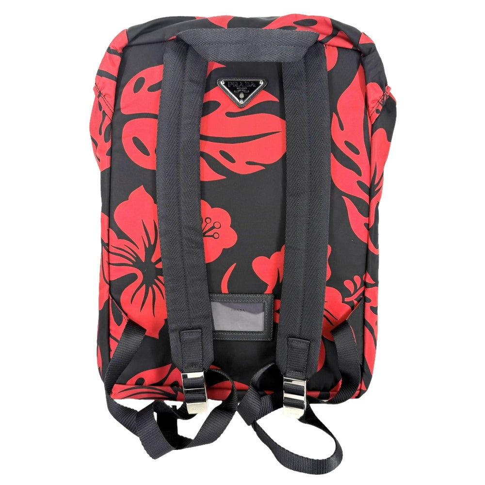 PRADA プラダ リュック トライアングルロゴ バックパック ハイビスカス V135 ナイロン レザー ブラック 黒 レッド 赤 シルバー金具 メンズ【中古品】