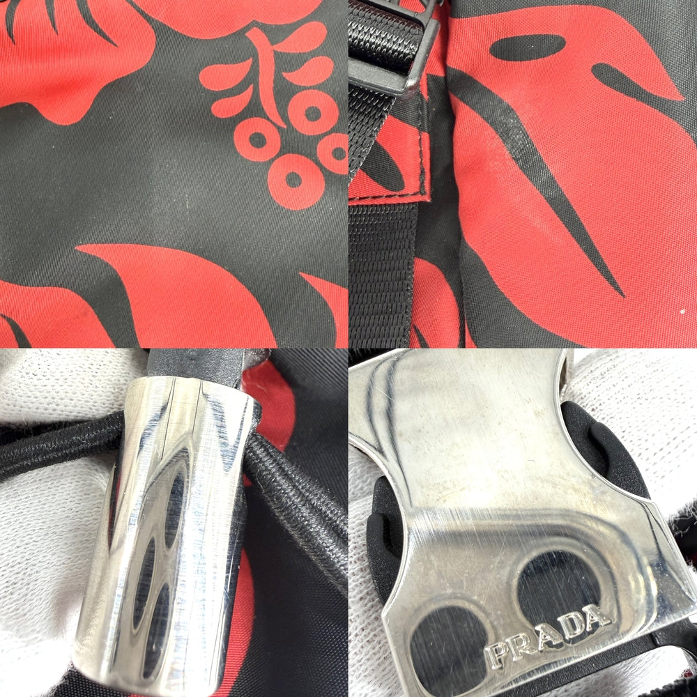 PRADA プラダ リュック トライアングルロゴ バックパック ハイビスカス V135 ナイロン レザー ブラック 黒 レッド 赤 シルバー金具 メンズ【中古品】