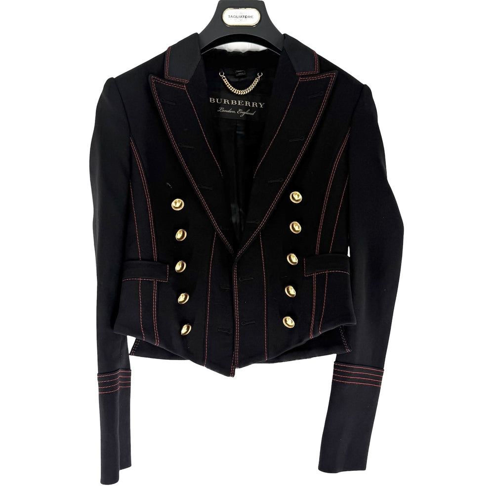 【秋物特集】 BURBERRY バーバリー ライダースジャケット アパレル 服 34 ブラック 黒 レッド 赤 ゴールド金具 春 秋 ウール シルク レディース【中古品】