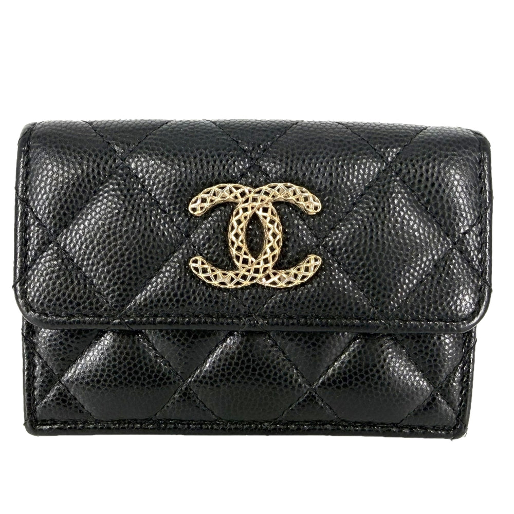 CHANEL シャネル 三つ折り財布 マトラッセ ココマーク ミニ財布 コンパクトウォレット キャビアスキン ブラック 黒 ピンク ゴールド金具 レディース【中古品】