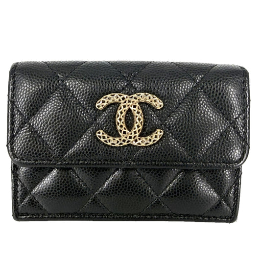 CHANEL シャネル 三つ折り財布 マトラッセ ココマーク ミニ財布 コンパクトウォレット キャビアスキン ブラック 黒 ピンク ゴールド金具 レディース【中古品】
