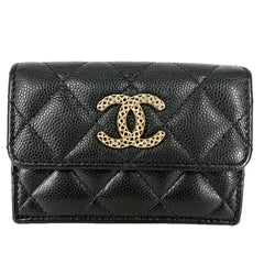 CHANEL シャネル 三つ折り財布 マトラッセ ココマーク ミニ財布 コンパクトウォレット キャビアスキン ブラック 黒 ピンク ゴールド金具 レディース【中古品】