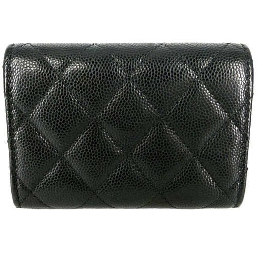 CHANEL シャネル 三つ折り財布 マトラッセ ココマーク ミニ財布 コンパクトウォレット キャビアスキン ブラック 黒 ピンク ゴールド金具 レディース【中古品】