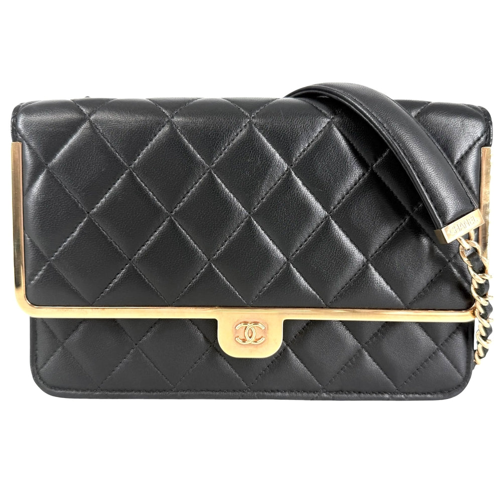 CHANEL シャネル チェーンウォレット マトラッセ ココマーク ラムスキン ブラック 黒 ローズゴールド金具 レディース【中古品】