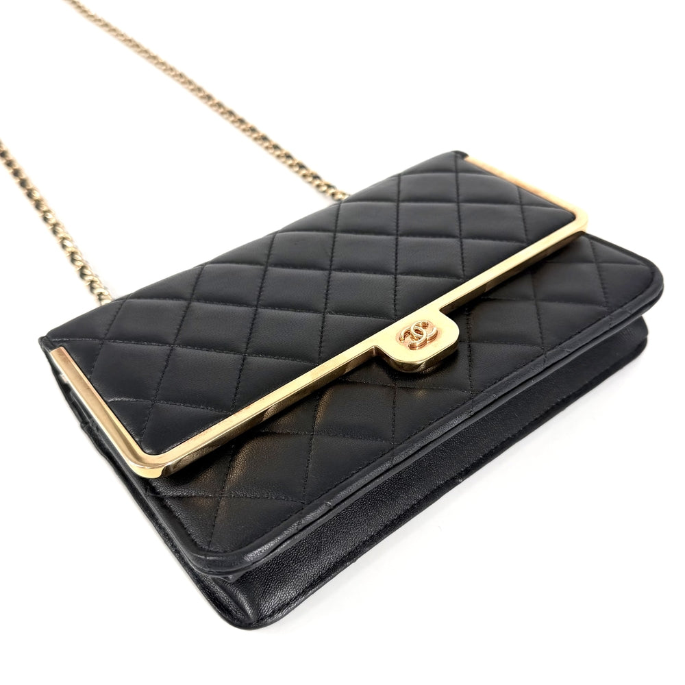 CHANEL シャネル チェーンウォレット マトラッセ ココマーク ラムスキン ブラック 黒 ローズゴールド金具 レディース【中古品】