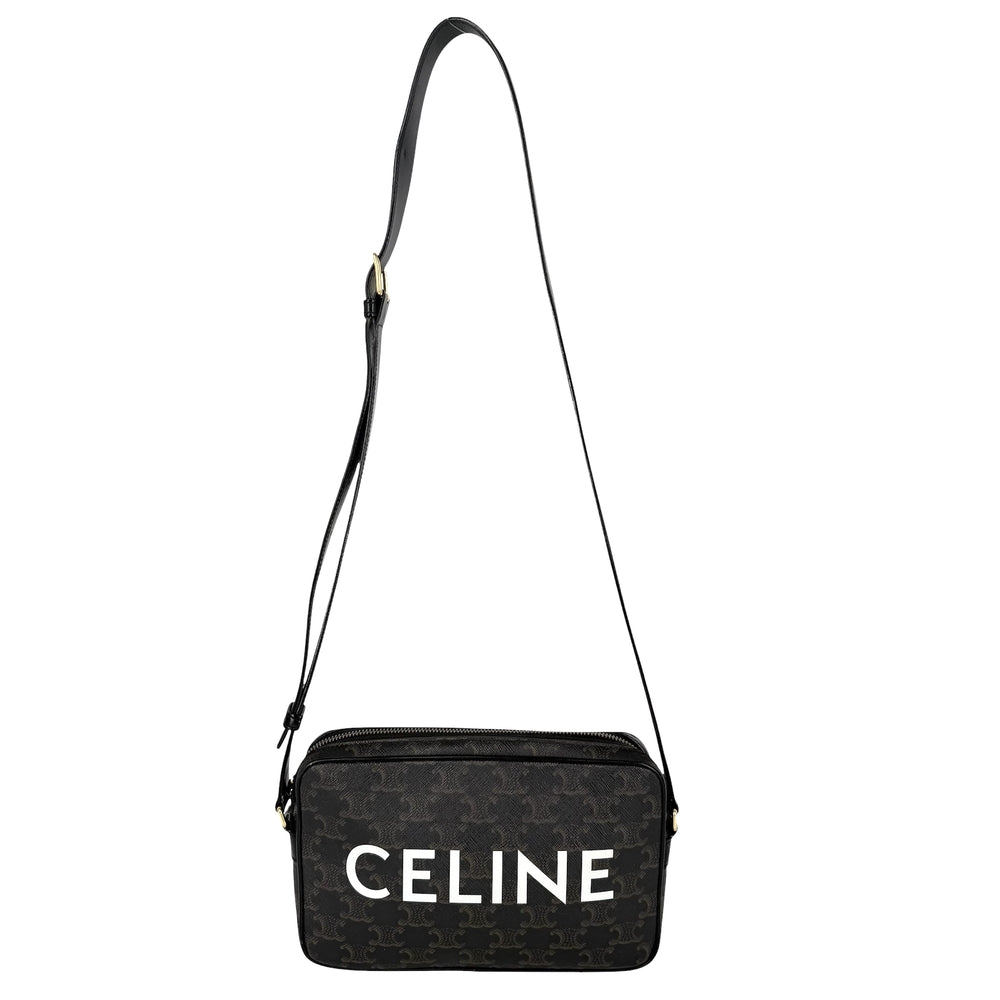 CELINE セリーヌ ショルダーバッグ ミディアムメッセンジャーバッグ ロゴ ロゴプリント PVC レザー ブラック 黒 ブラウン 茶 ゴールド金具 レディース【中古品】