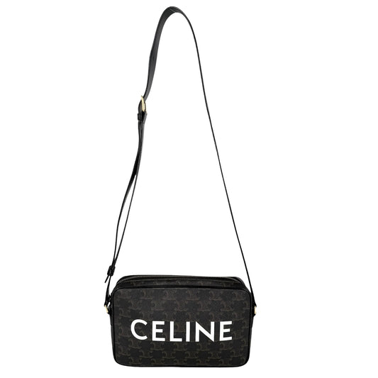 CELINE セリーヌ ショルダーバッグ ミディアムメッセンジャーバッグ ロゴ ロゴプリント PVC レザー ブラック 黒 ブラウン 茶 ゴールド金具 レディース【中古品】