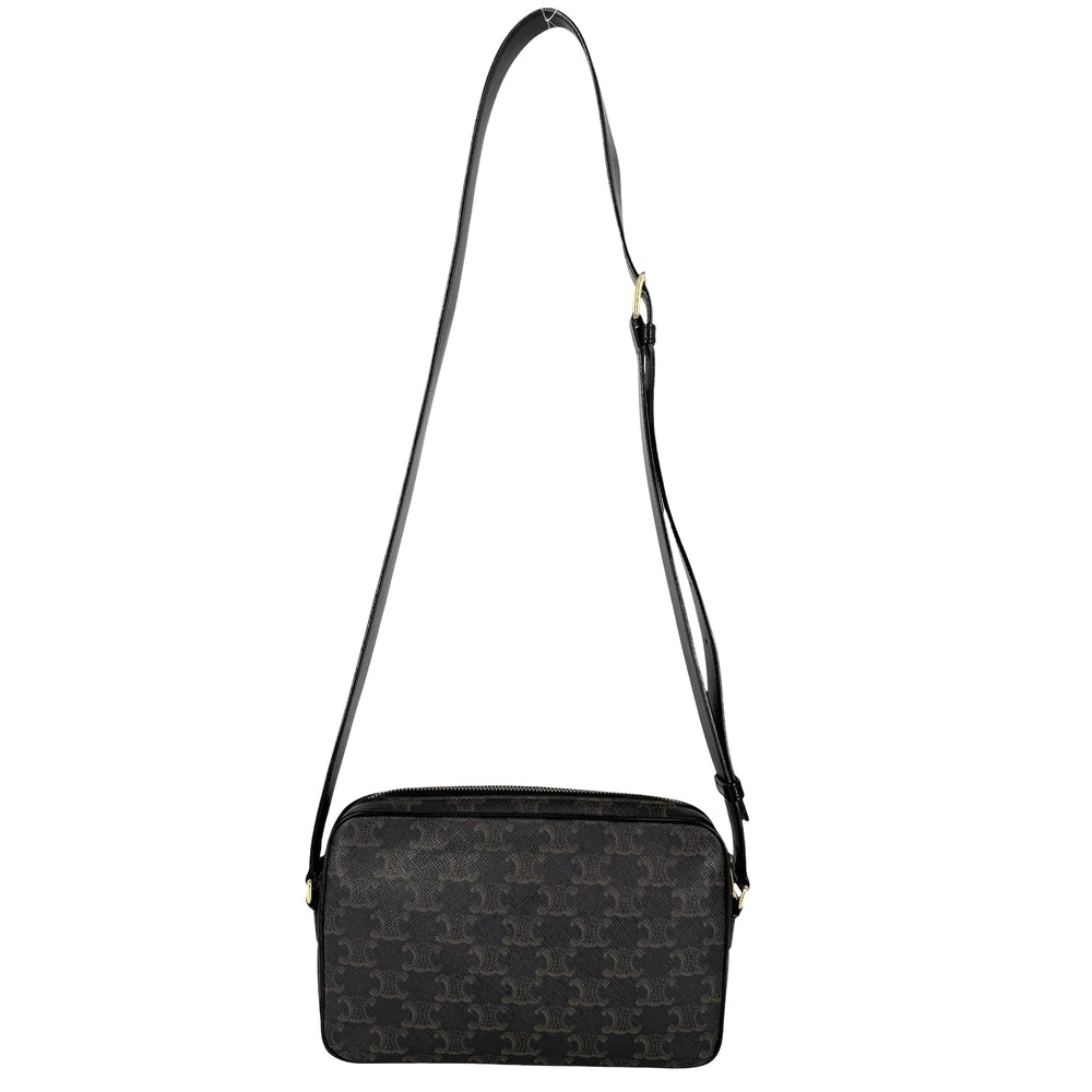CELINE セリーヌ ショルダーバッグ ミディアムメッセンジャーバッグ ロゴ ロゴプリント PVC レザー ブラック 黒 ブラウン 茶 ゴールド金具 レディース【中古品】