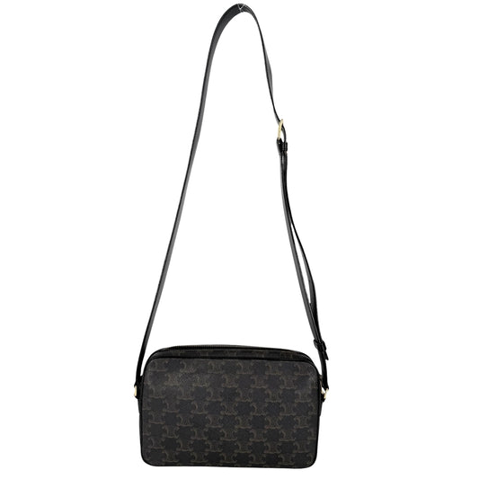 CELINE セリーヌ ショルダーバッグ ミディアムメッセンジャーバッグ ロゴ ロゴプリント PVC レザー ブラック 黒 ブラウン 茶 ゴールド金具 レディース【中古品】