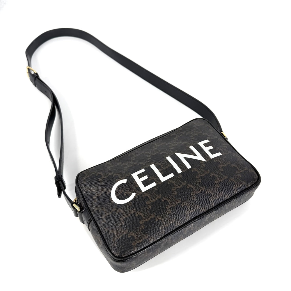 CELINE セリーヌ ショルダーバッグ ミディアムメッセンジャーバッグ ロゴ ロゴプリント PVC レザー ブラック 黒 ブラウン 茶 ゴールド金具 レディース【中古品】