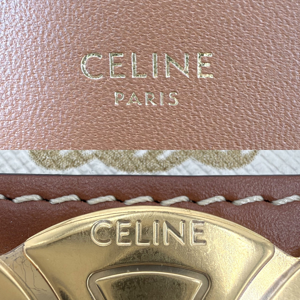 CELINE セリーヌ ショルダーバッグ ティーントリオンフ コーティングキャンバス ホワイト 白 ブラウン 茶 ゴールド金具 レディース【中古品】