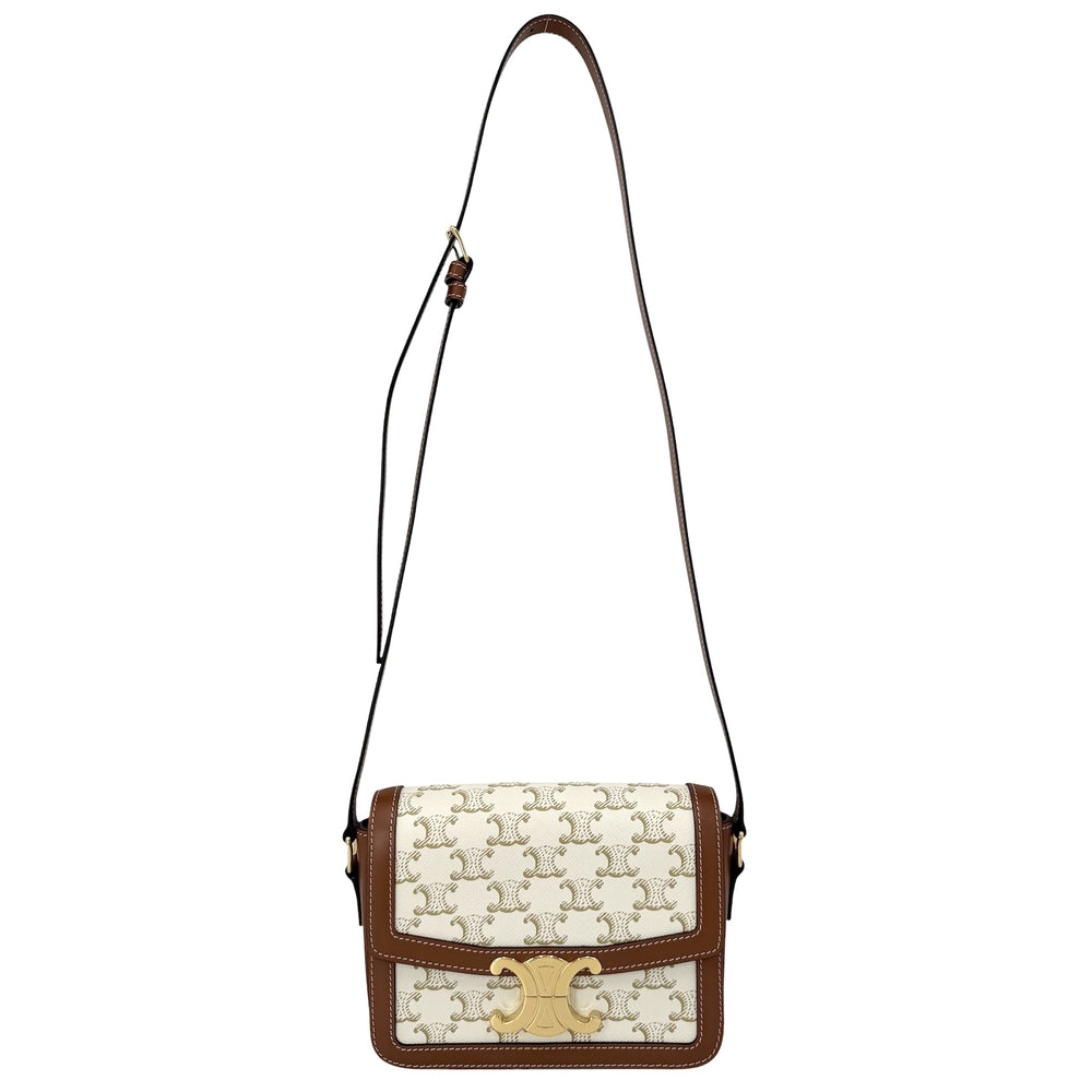 CELINE セリーヌ ショルダーバッグ ティーントリオンフ コーティングキャンバス ホワイト 白 ブラウン 茶 ゴールド金具 レディース【中古品】