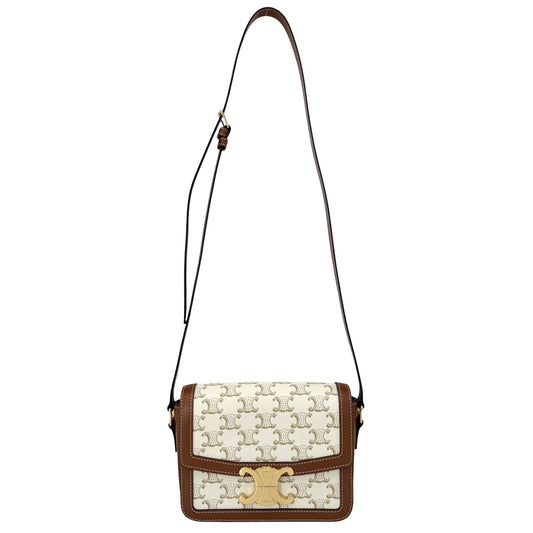 CELINE セリーヌ ショルダーバッグ ティーントリオンフ コーティングキャンバス ホワイト 白 ブラウン 茶 ゴールド金具 レディース【中古品】