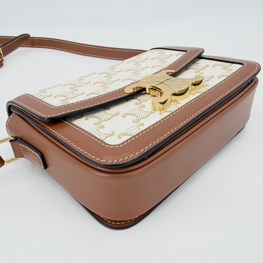 CELINE セリーヌ ショルダーバッグ ティーントリオンフ コーティングキャンバス ホワイト 白 ブラウン 茶 ゴールド金具 レディース【中古品】