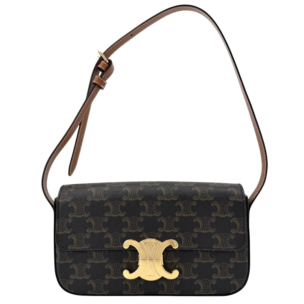 CELINE セリーヌ ショルダーバッグ クロード トリオンフ コーティングキャンバス ブラック 黒 ブラウン 茶 ゴールド金具 レディース【中古品】