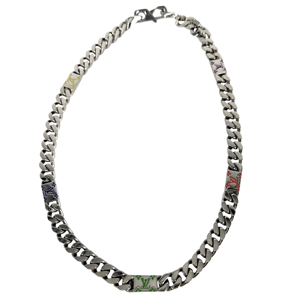 LOUIS VUITTON ルイヴィトン ネックレス LVモザイク アクセサリー チェーン M01532 シルバー マルチカラー メンズ 約106.7g【中古品】