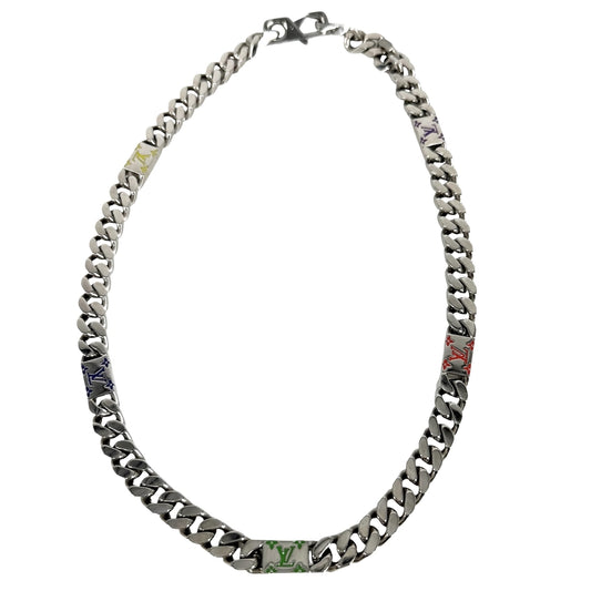 LOUIS VUITTON ルイヴィトン ネックレス LVモザイク アクセサリー チェーン M01532 シルバー マルチカラー メンズ 約106.7g【中古品】