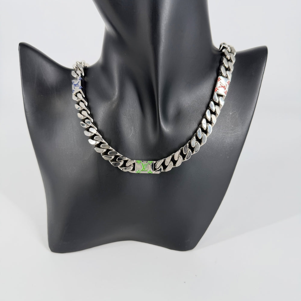LOUIS VUITTON ルイヴィトン ネックレス LVモザイク アクセサリー チェーン M01532 シルバー マルチカラー メンズ 約106.7g【中古品】