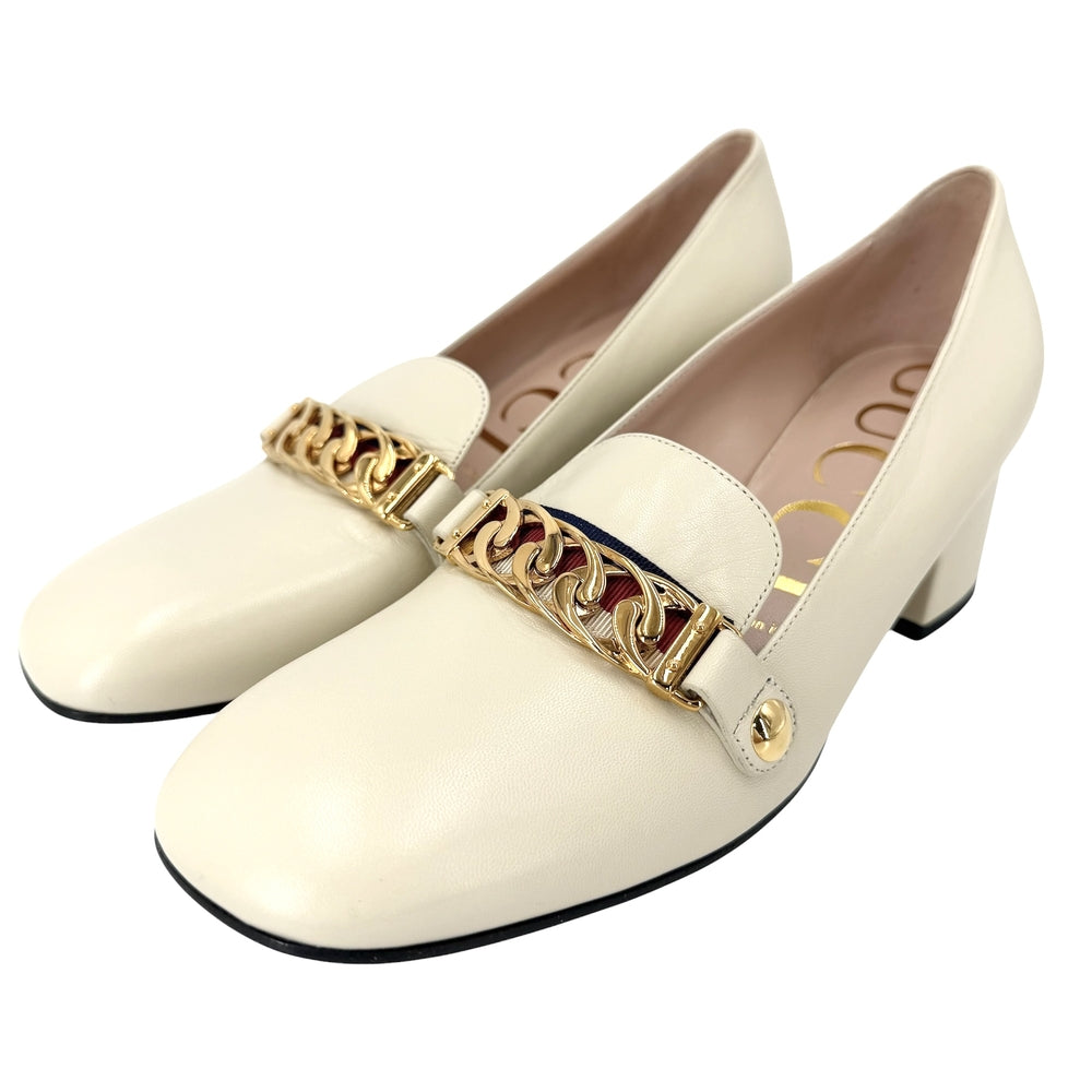 GUCCI グッチ パンプス シルヴィ ウェブライン チャンキーヒール 38.5サイズ 約25.5cm 537539 レザー ホワイト 白 レディース【中古品】